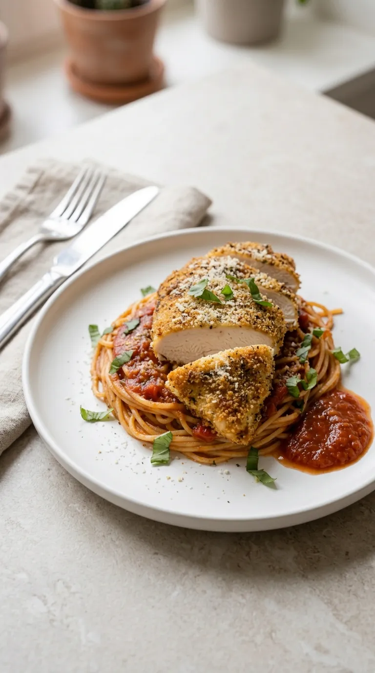 Assiette de spaghetti sauce tomate surmontée d'un filet de poulet à l'italienne pané tranché, basilic et parmesan