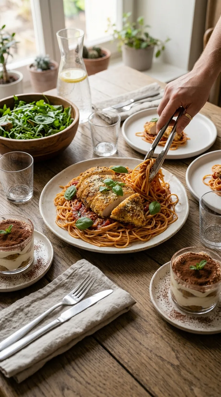 Plat de filet de poulet à l'italienne sur spaghetti au centre d'une table, avec salade verte, carafe d'eau et tiramisu