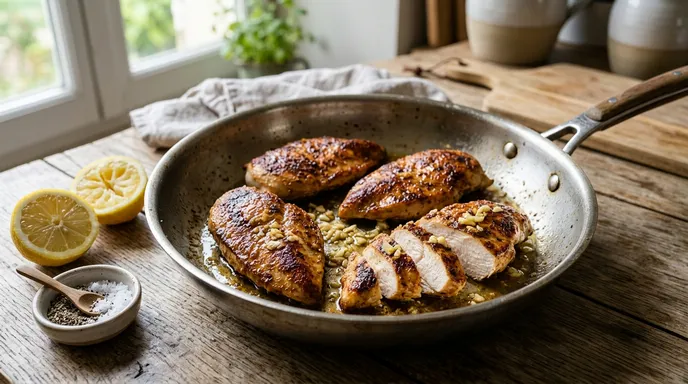 Recette filet de poulet à la poêle : quatre filets dorés à l'ail et au citron, dont un tranché au cœur blanc et juteux