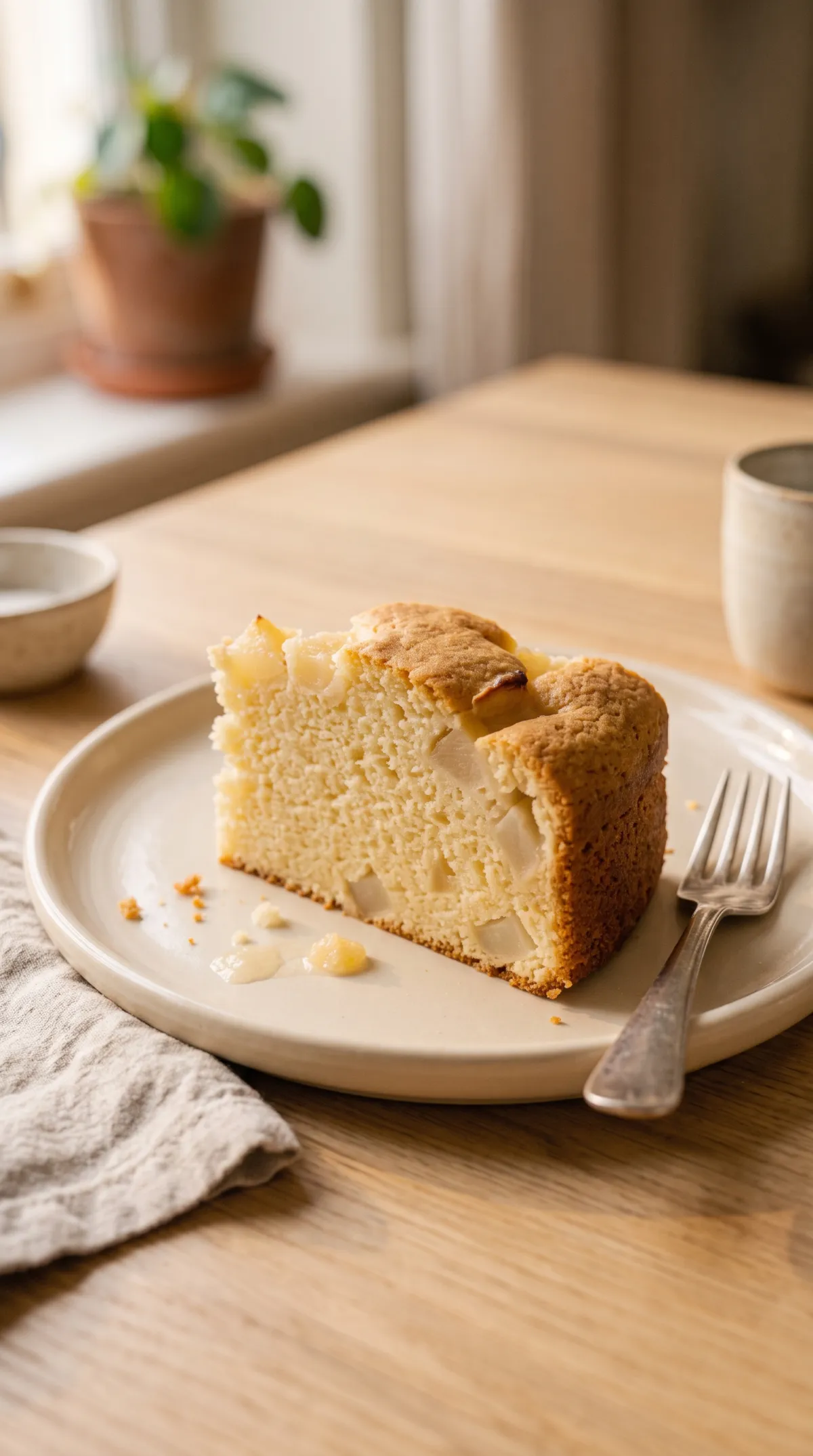 Une part de gâteau au yaourt poire sur une assiette crème, à la croûte dorée et aux morceaux de fruits visibles.