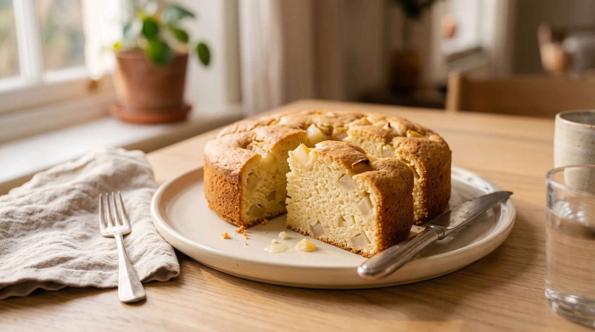 recette gateau au yaourt et aux poires, gâteau rond doré avec une part montrant les dés de fruits dans la mie.