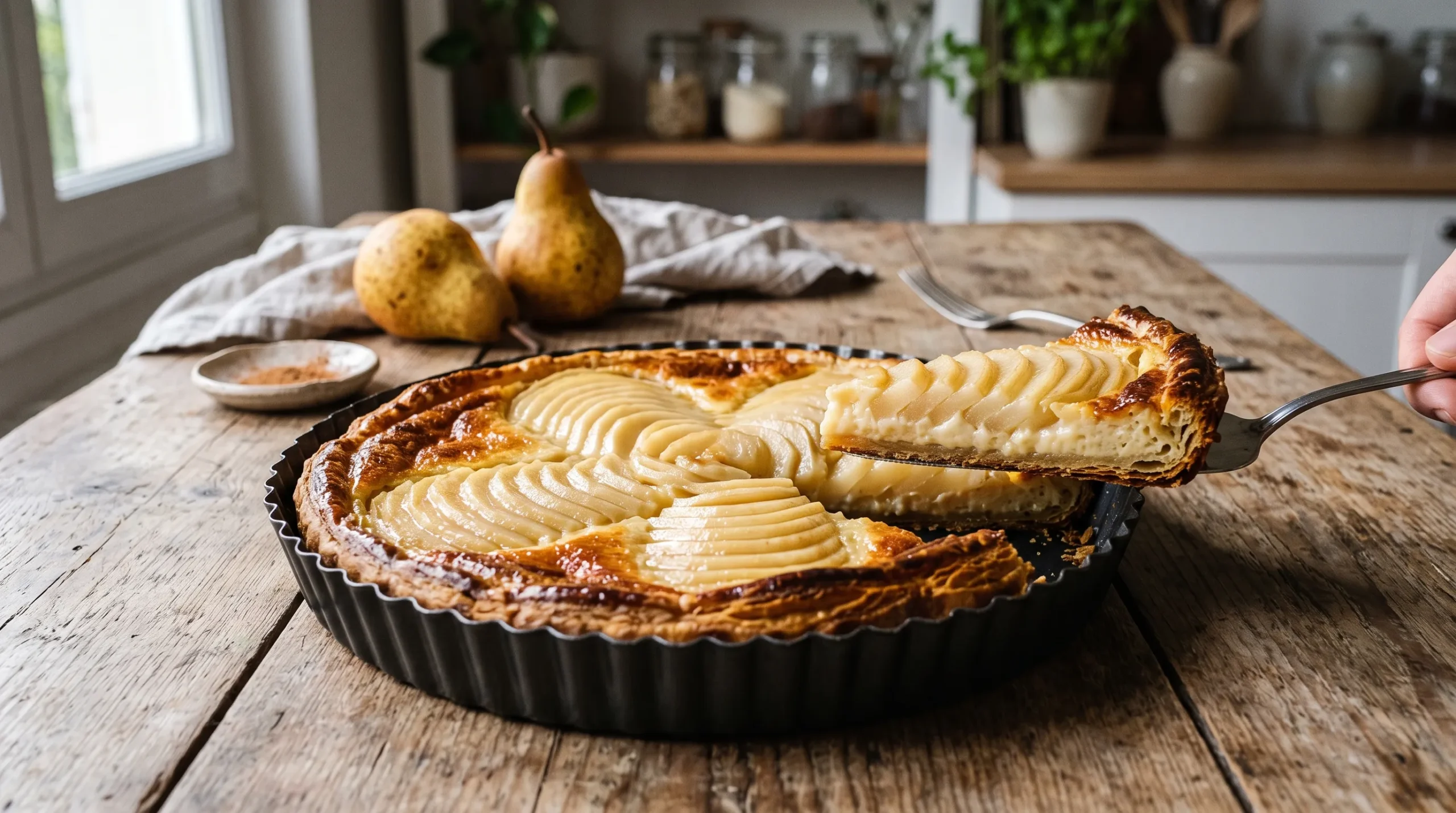 Tarte aux poires fraîches dorée avec quartiers de poires en rosace sur appareil crémeux et pâte feuilletée croustillante